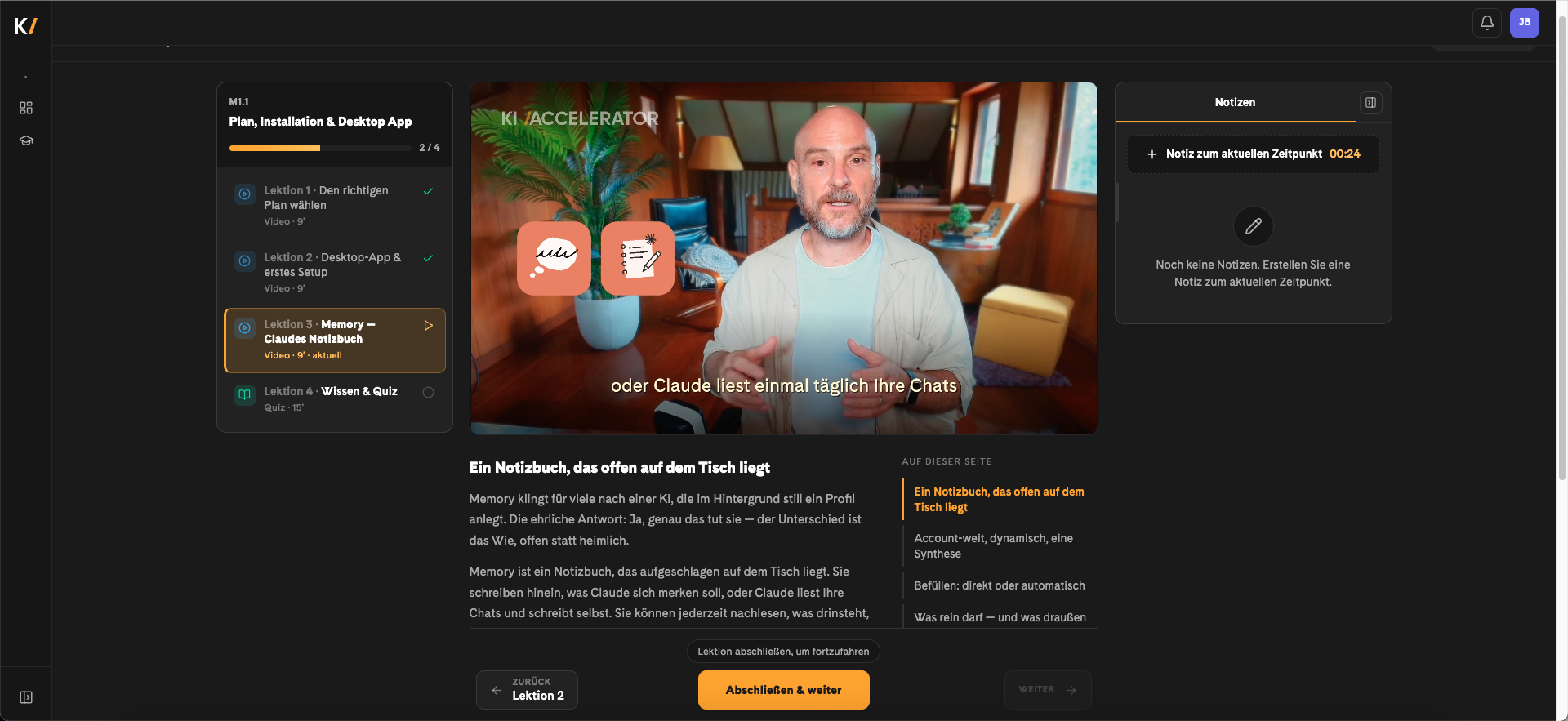 Lektions-Player mit laufendem Video, Untertiteln, Begleittext und Notiz-Funktion